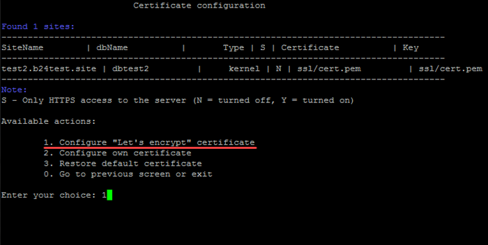 Cabina constante acción 1. Configure "Let's encrypt" certificate
